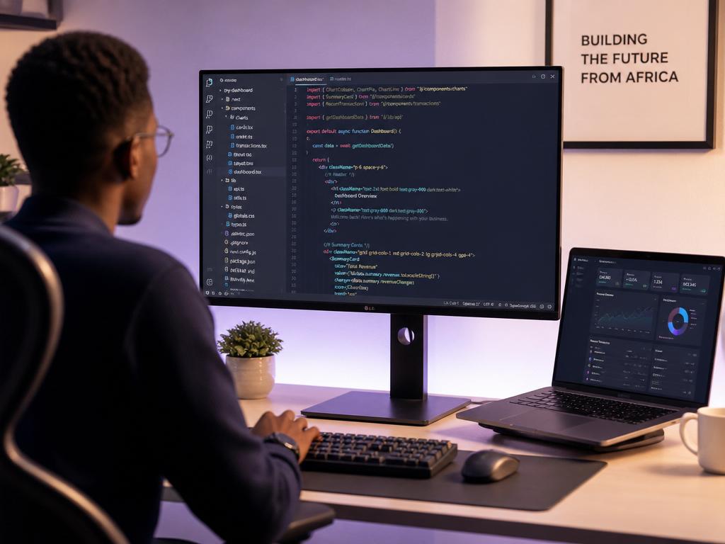 Espace de travail d'un développeur Shopix avec du code sur grand écran